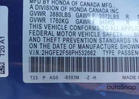 2023 Honda Civic Sport from USA, damaged, VIN 2HGFE2F56PH532662